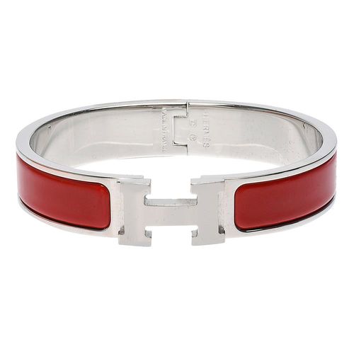HERMES Clic H LOGO琺瑯細版手環(紅X銀)