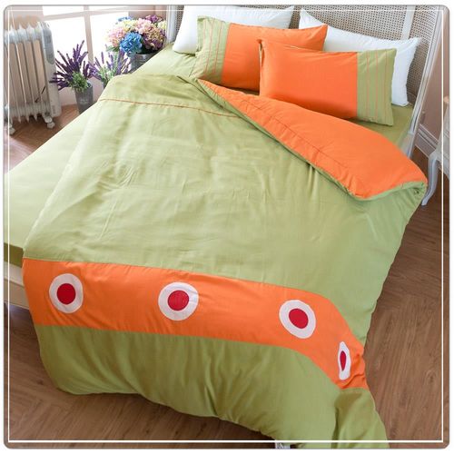 【eyah宜雅】立體刺繡拼貼雙人被套床包四件組-幾何圈圈-綠