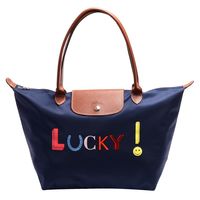 LONGCHAMP LE PLIAGE Lucky刺繡圖樣長把尼龍水餃包(大-海軍藍)
