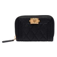 CHANEL 經典菱格紋魚子醬牛皮小香LOGO仿舊金釦拉鍊零錢包(黑X綠)