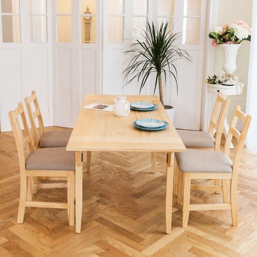 CiS自然行實木家具-雙邊延伸實木餐桌椅組一桌四椅 74*166公分/原木+淺灰椅墊