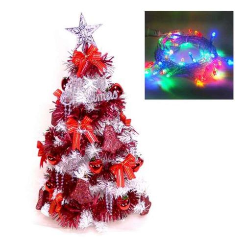 台灣製夢幻2呎/2尺(60cm)經典白色聖誕樹(紅色系)+LED50燈插電式透明線彩光