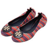 TORY BURCH 立體金色LOGO多彩線條帆布平底娃娃鞋(深藍X橘色)