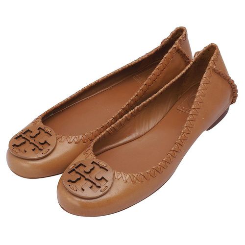 TORY BURCH 立體簍空LOGO編織飾邊牛皮平底娃娃鞋(棕色)