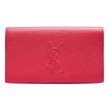 YSL Belle De Jour系列車縫LOGO牛皮釦式手拿晚宴包(桃紅)