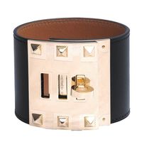 HERMES Kelly Dog Extreme鉚釘轉釦小牛皮寬手環(S-黑X金-R年)