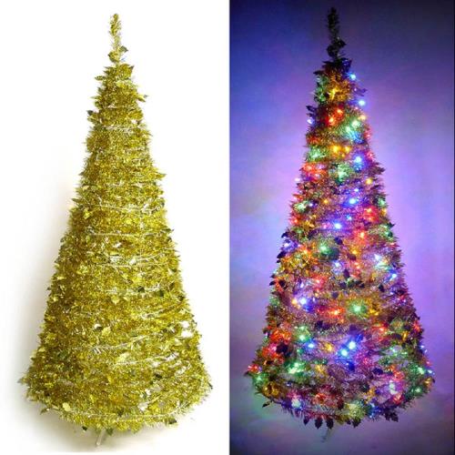 6尺/6呎(180cm) 創意彈簧摺疊聖誕樹 (金色系)+LED100燈串一條 (9光色可選)