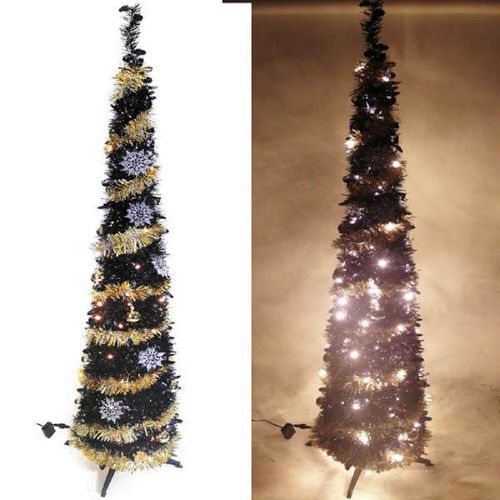 6尺/6呎(180cm) 彈簧摺疊黑色哈利葉瘦型鉛筆樹聖誕樹 (+LED100燈暖白光一串+金系吊飾品組)