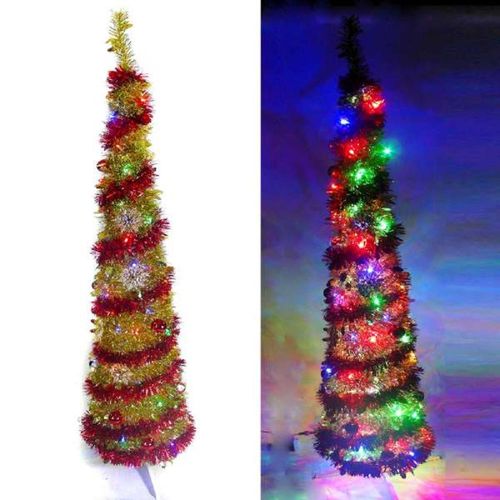 6尺/6呎(180cm) 彈簧摺疊金色哈利葉瘦型鉛筆樹聖誕樹 (+LED100燈四彩光一串+紅系吊飾品組)