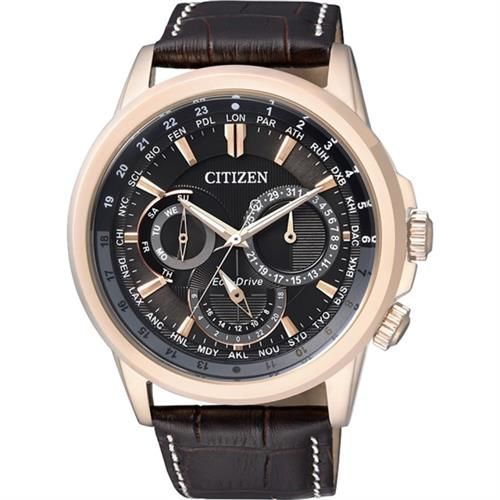 CITIZEN 星辰環球光動能日曆腕錶-黑x玫瑰金框/44mm BU2023-12E