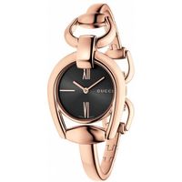 GUCCI 古馳 Horsebit 羅馬唯美手鍊腕錶-黑x玫塊金/28mm YA139507