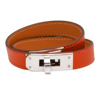HERMES Kelly Double Tour銀色轉釦小牛皮二圈手環(橘-R年-XS)
