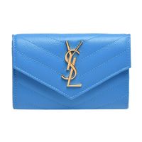YSL MONOGRAM系列V字縫線魚子醬牛皮金屬LOGO暗釦零錢包(天空藍)