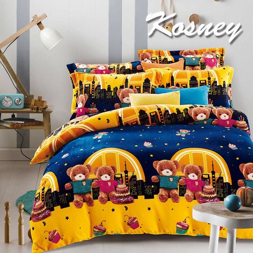 【KOSNEY】抱抱熊 頂級法蘭絨加大四件式兩用被套床包組