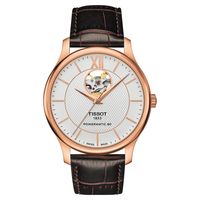TISSOT 天梭 Tradition 80小時動力鏤空機械腕錶-銀x玫塊金框/40mm T0639073603800
