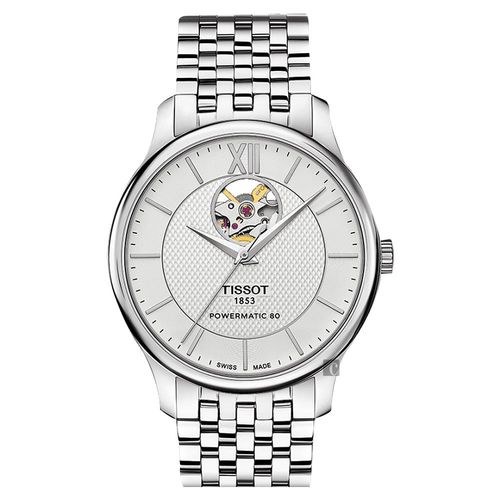 TISSOT 天梭 Tradition 80小時動力鏤空機械腕錶-銀/40mm T0639071103800