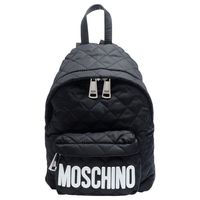 MOSCHINO 經典菱格紋縫線白色LOGO尼龍後背包(小-黑)