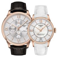 TISSOT 杜魯爾系列情人機械對錶-玫瑰金框/44+32mm T0994273603800+T0992073611800