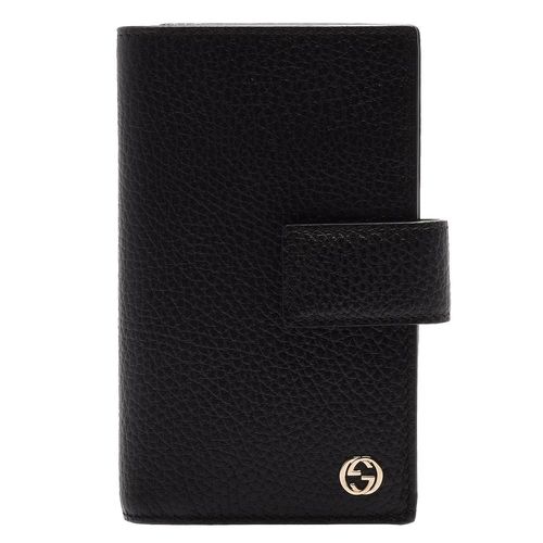 GUCCI 經典雙C LOGO荔枝紋牛皮直立釦式中夾(黑色/12卡)