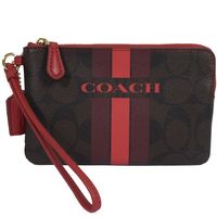 COACH 66052 馬車LOGO條紋防水PVC扣環手拿包.深咖/紅
