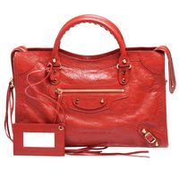 BALENCIAGA 巴黎世家 CITY亮金扣羊皮機車包(中-胭脂紅)