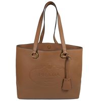 PRADA 1BG100 復古大LOGO烙印荔枝牛皮肩背托特包.咖