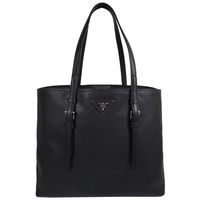 PRADA 1BG133 經典三角LOGO防刮全革壓紋肩背托特包.黑