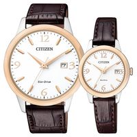 CITIZEN 星辰 光動能簡約對錶-玫瑰金圈x咖啡/40+27mm BM7304-16A+EW2234-12A