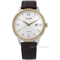 CITIZEN 星辰表 / BM7304-16A / 極致絕美數字藍寶石光動能日期壓紋真皮手錶 白x香檳金框x深褐 40mm