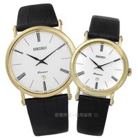 SEIKO精工 Premier藍寶石水晶牛皮對錶 銀x金框x黑 41mm+30mm(SXB432J1+SKP396J1)