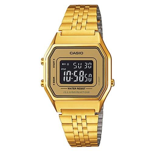 【CASIO】 經典復古數字型電子錶-金色x黃框黑面 (LA680WGA-9B)