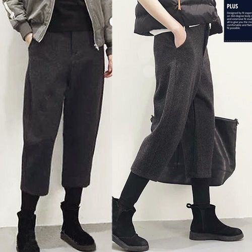 【SCL】B1712 毛呢高腰九分哈倫錐腿褲 (黑 深灰 2色選) ( S - XL )
