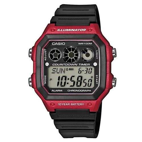 【CASIO】 10年電力亮眼設計方形數位錶-紅框x黑錶圈 (AE-1300WH-4A)