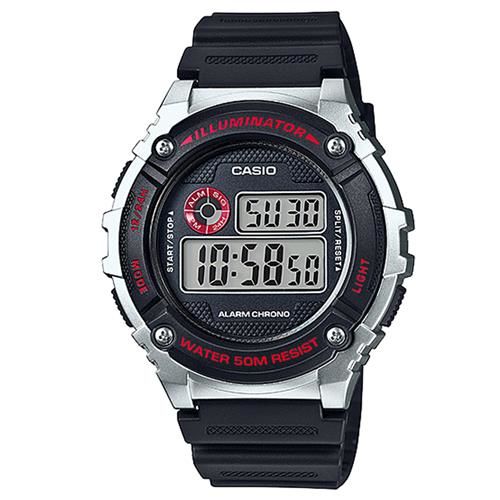 【CASIO】 元氣數位美學實用必備休閒錶-黑x銀框 (W-216H-1C)