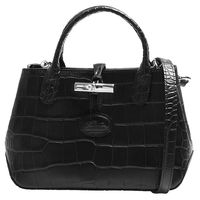 LONGCHAMP Roseau Crossbody系列金屬竹節釦鱷魚紋牛皮手提/肩背包(黑色)