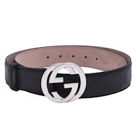 GUCCI 經典Guccissima GG壓紋銀釦牛皮腰帶/皮帶(黑)