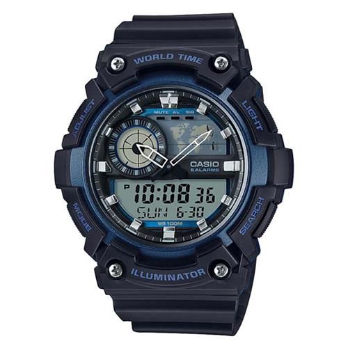 【CASIO】 世界地圖時間設計雙顯運動錶-黑X藍框 (AEQ-200W-2A)