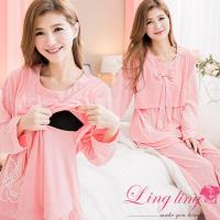 【lingling日系】全尺碼-蝶結塗鴉印花哺乳孕婦裝居家二件式睡衣組(舒適深粉)A2091-01