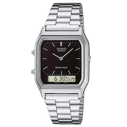 【CASIO】 銀色時尚復古雙顯指針錶-黑 (AQ-230A-1) 