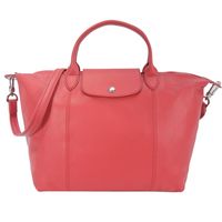 LONGCHAMP Le Pliage Cuir 小羊皮短把折疊小型水餃包(中/牡丹紅)