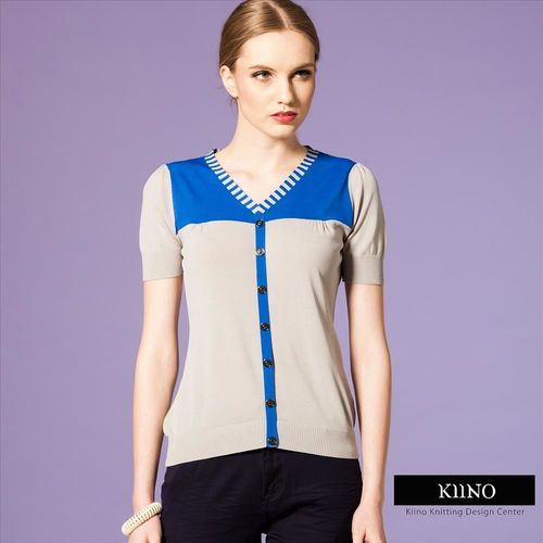 【KIINO】都市風格雙色拼接V領假兩件針織上衣-共四碼(3841-1023灰)