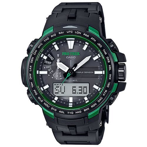 【CASIO】PROTREK酷黑新裝備三大感應低耗量登山電波錶-綠框 (PRW-6100FC-1)