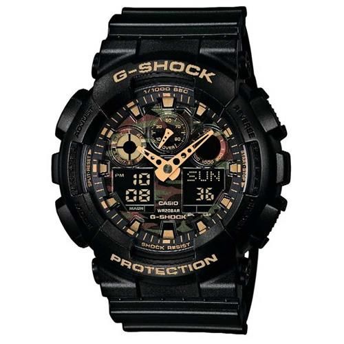 【CASIO】G-SHOCK 超人氣新叢林迷彩軍事戰魂雙顯錶-黑X金 (GA-100CF-1A9)