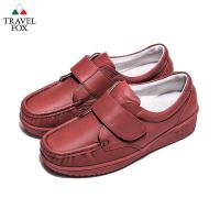 Travel Fox(女) - 午後散步 超軟牛皮舒適熟齡粘扣旅狐休閒鞋 - 秋楓紅