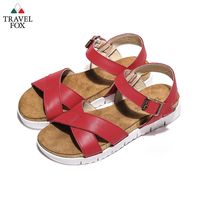 Travel Fox(女)- 夏綠蒂 性感交叉軟木塞底牛皮旅狐涼鞋 - 夏日紅