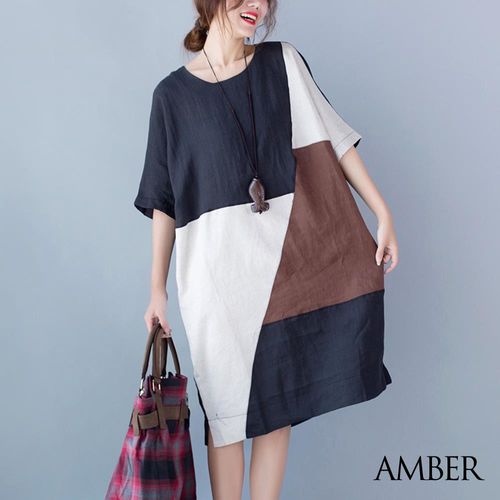 【Amber】日韓棉麻文青感幾何色塊長版洋裝