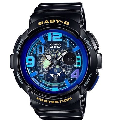 【CASIO】BABY-G 海灘旅行系列深邃夜空兩地時間休閒錶-黑x藍 (BGA-190GL-1B)