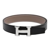 HERMES 銀色條紋H LOGO雙面用小牛皮腰帶/皮帶(黑X可可-95CM)