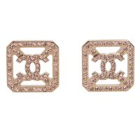 CHANEL 香奈兒經典CC LOGO水鑽鑲嵌方形簍空造型穿式耳環(亮金)