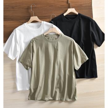 日系重磅 280g新疆長絨棉 外貿男士夏季時尚百搭純色圓領短袖T恤